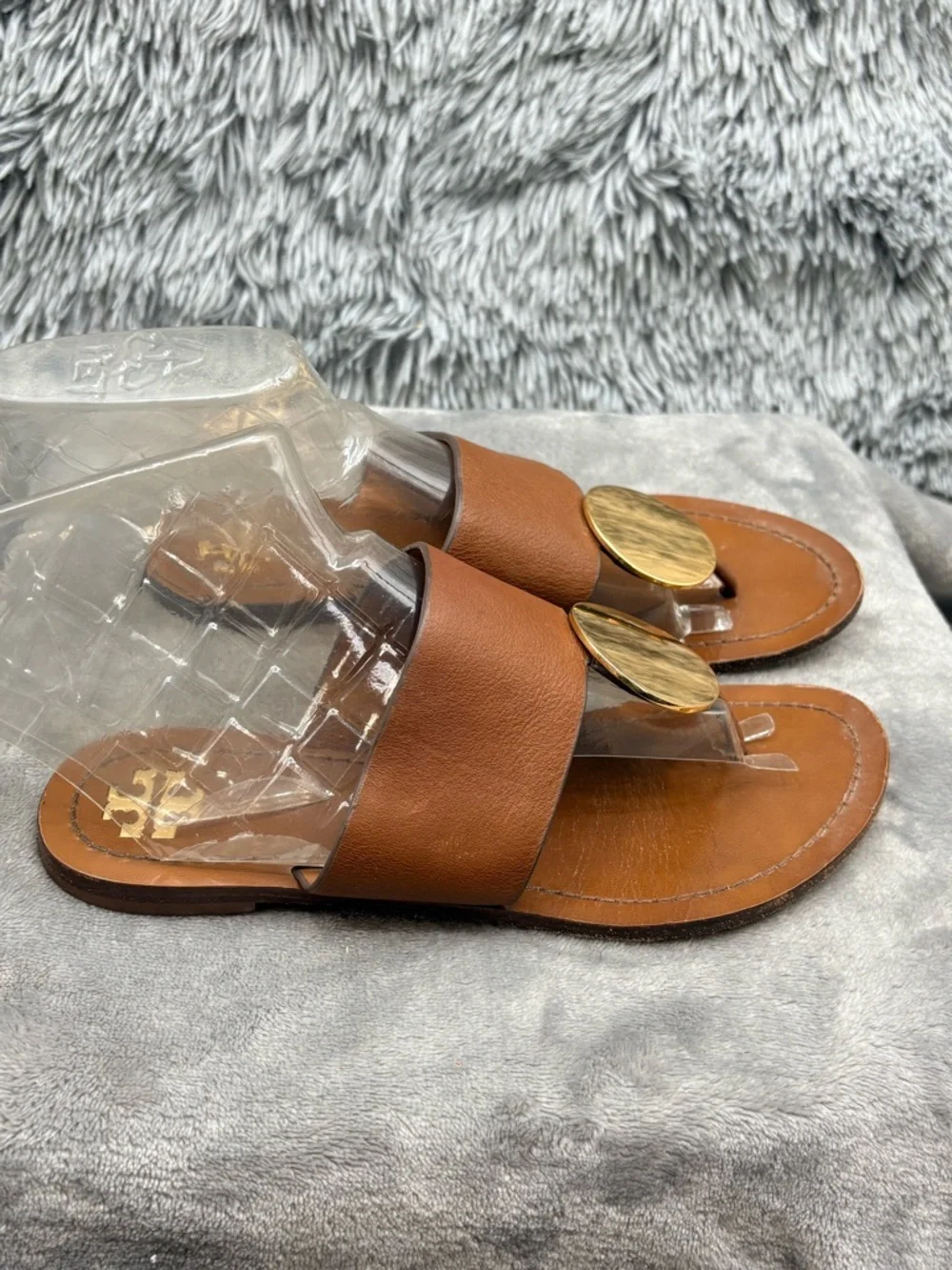 Tory Burch Sandals Womens 7 Patos Disk Brown Leather Slip On Thong